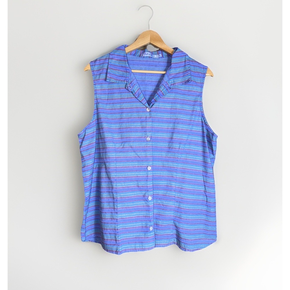 Fresh Produce Women's XL Sleeveless Button Up Top Multi-Colored Striped Collared